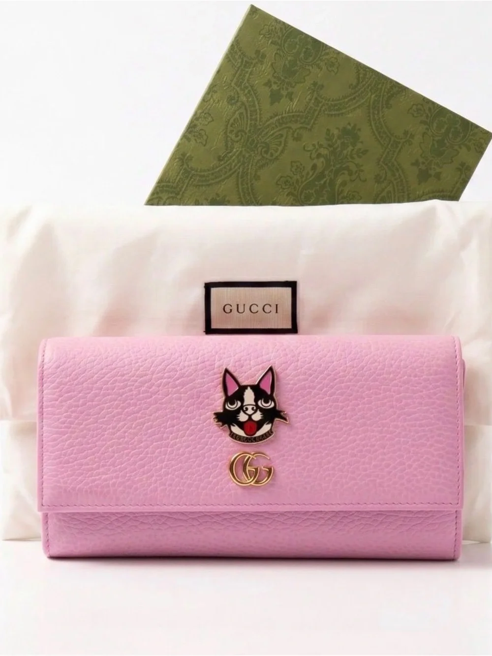 Gucci Pink Leather Continental Wallet with Cat Emblem